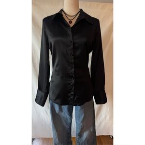 Zara Stylish Black Satin Button-Down Blouse
